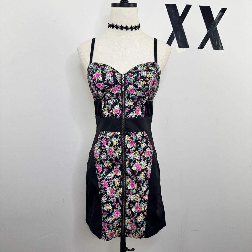 Vintage Y2K Guess Black Floral Bodycon Mini Dress Zip Front Stretch Indie Sleaze